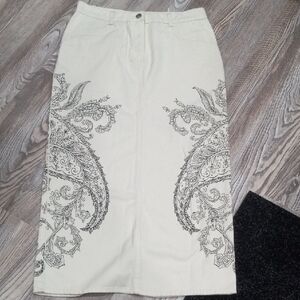 Broadway Denim Cotton Paisley Maxi Skirt Cream Skirt with Paisley Design Sz 4